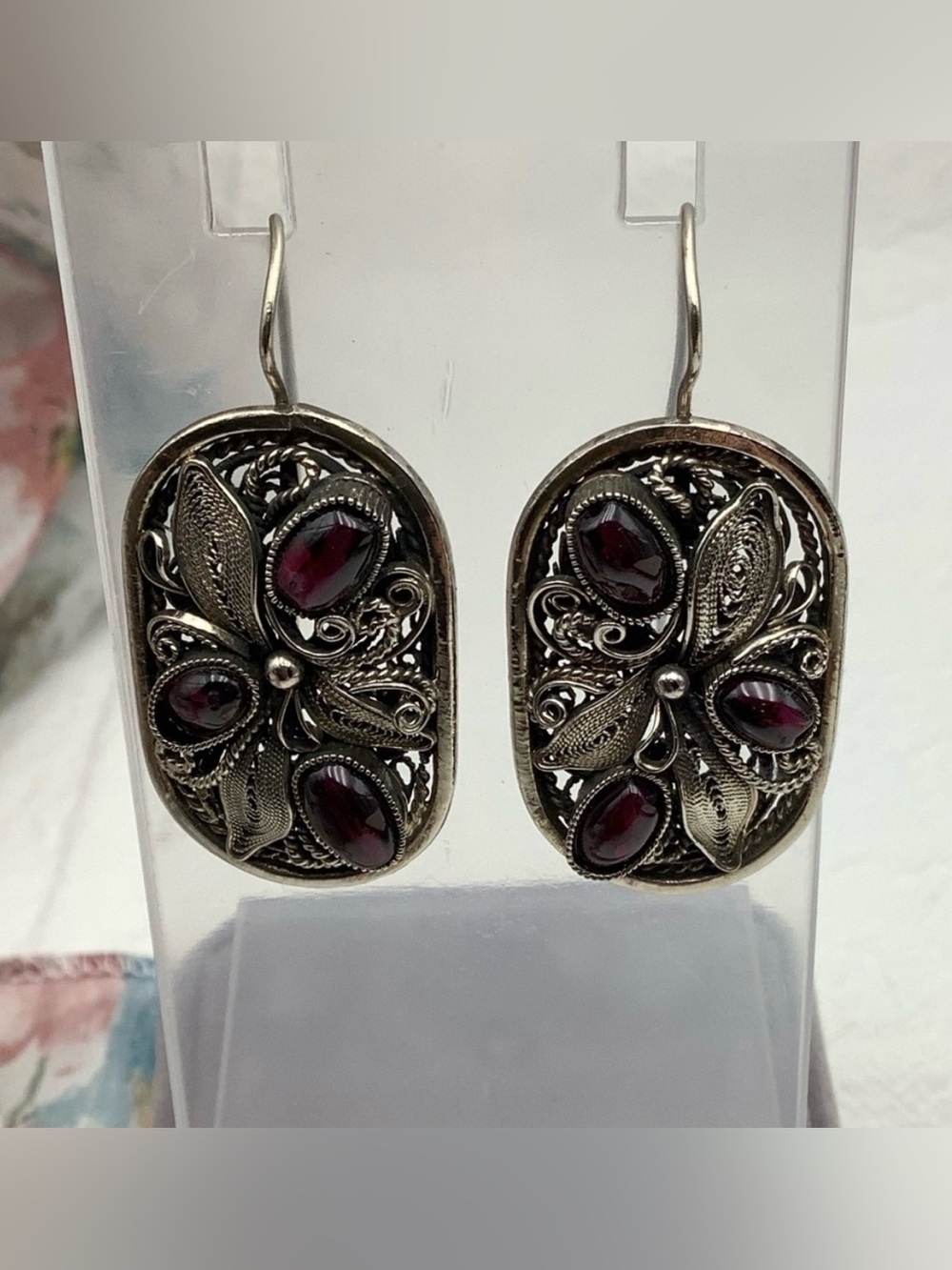 Vintage 925 Filigree Sterling Silver Garnet Statement Earrings